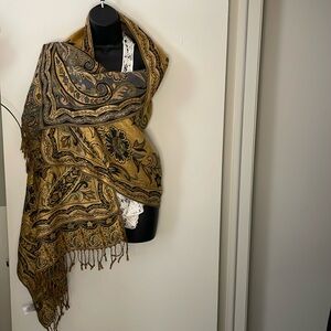 REVERSIBLE Shawl, Fringe Trim, Gold, Gray, Black, Green